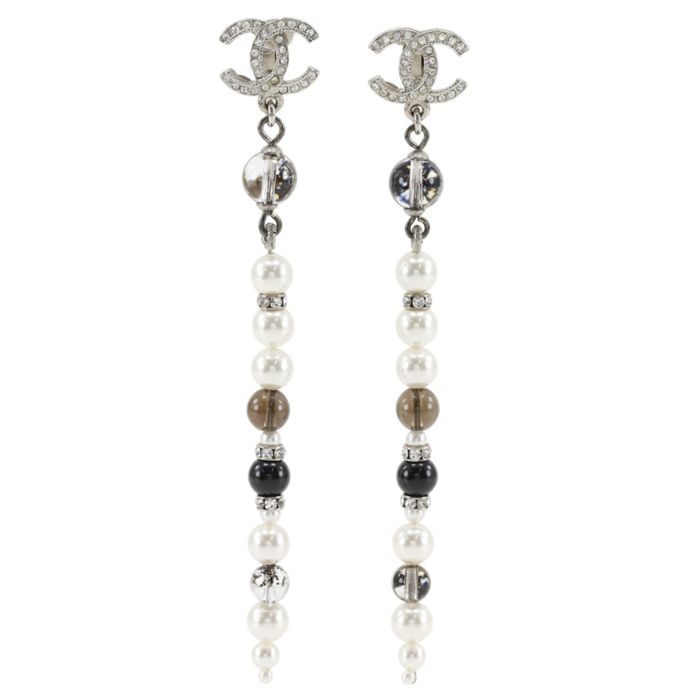 Chanel Coco Mark Earrings, Long, Metal x Faux Pearl Rhinestone, 2019 Model, S...
